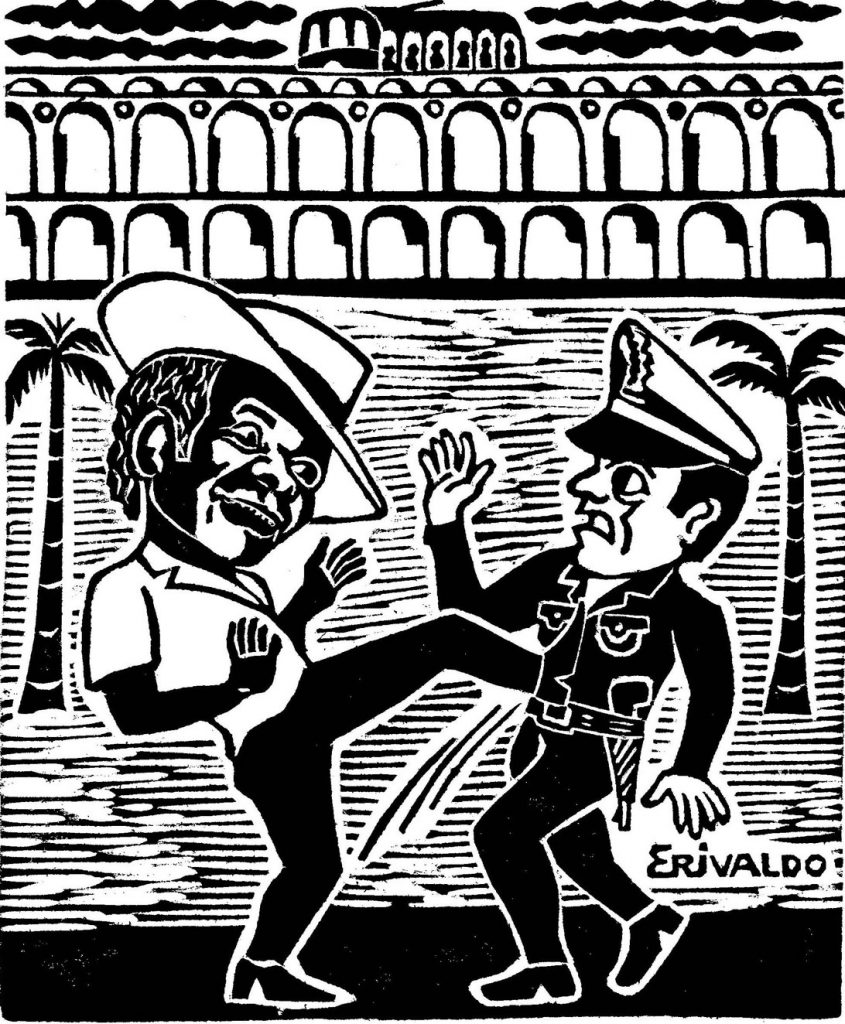 Xilogravura feita por Erivaldo que mostra Madame Satã lutando capoeira com um policial.
