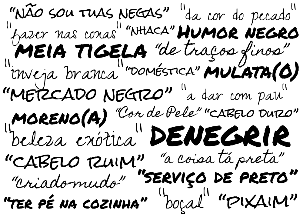 Inúmeras palavras racistas escritas de diferentes formas e à mão.