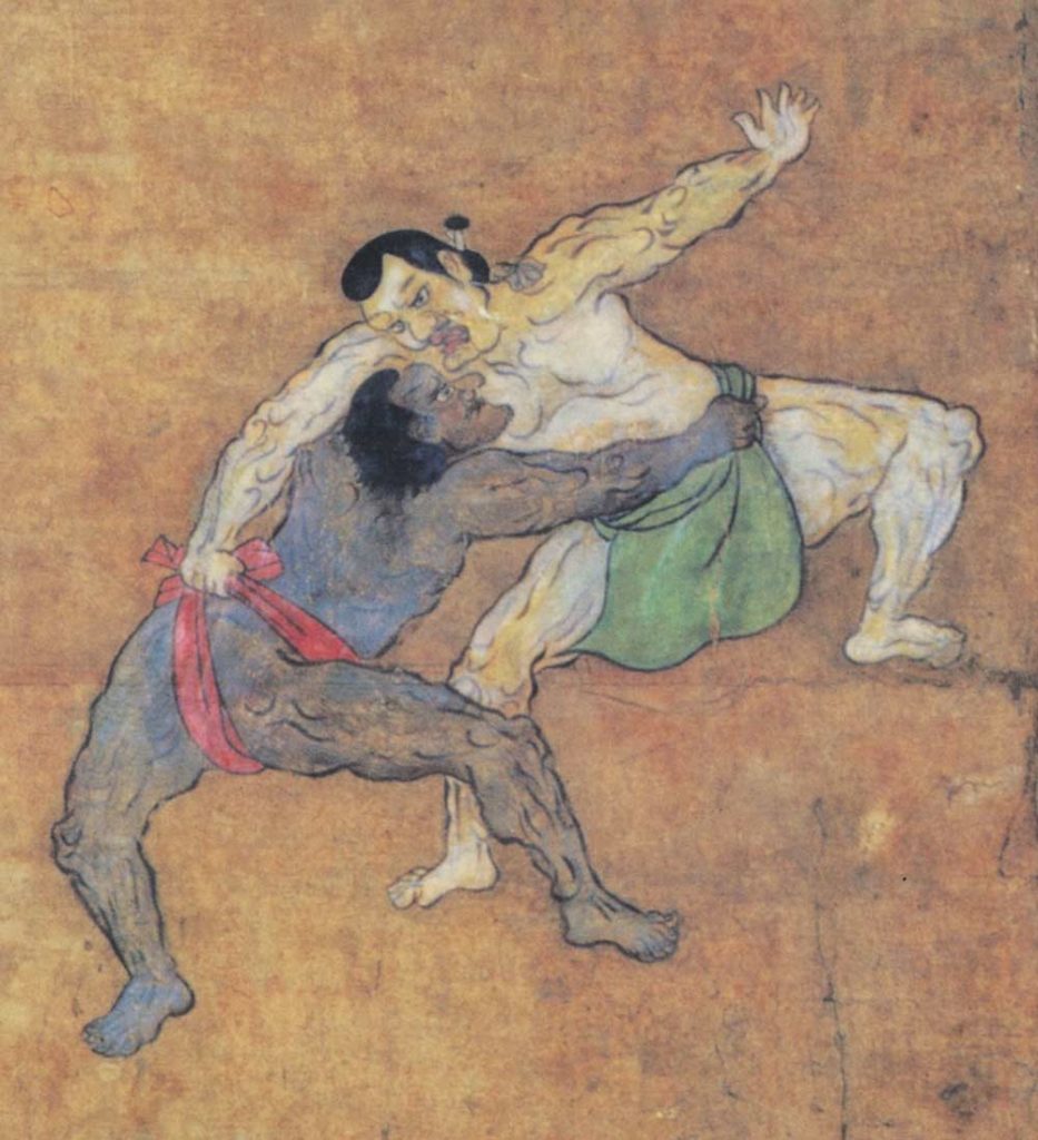 Detalhe do desenho Sumō yūrakuzu byōbu