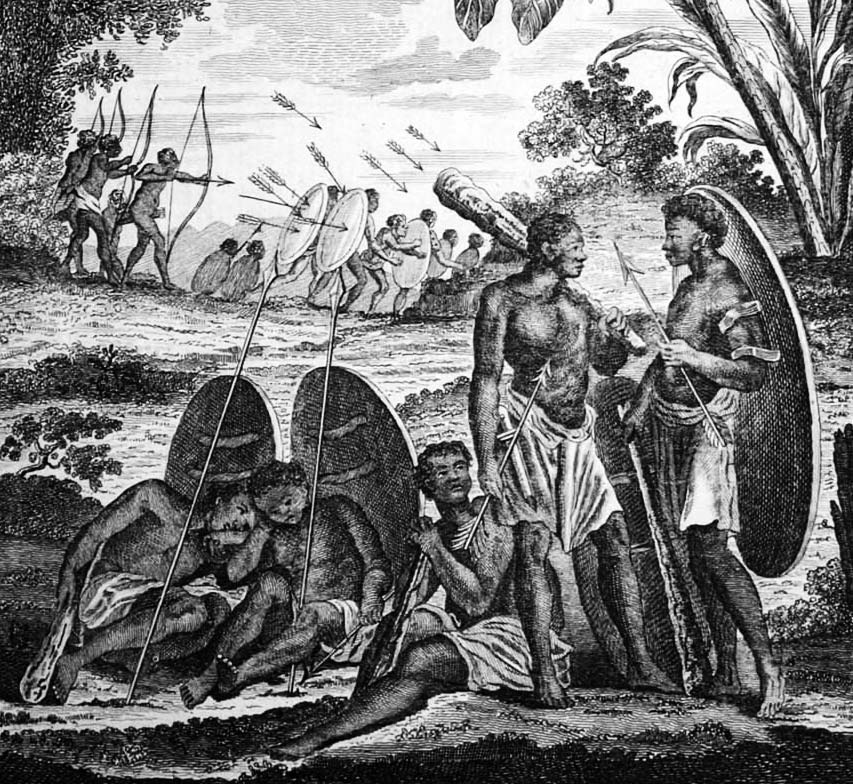 Jagas, liderados por Nzinga contra os colonizadores, representados em ilustração do século XVIII. (Imagem: Reprodução)