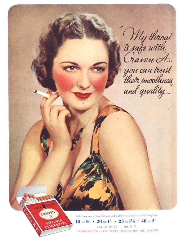 Anúncio de cigarro do início do século XX que diz "Minha garganta está segura com Craven-A... Você pode confiar na sua suavidade e qualidade" (Imagem: Reprodução)