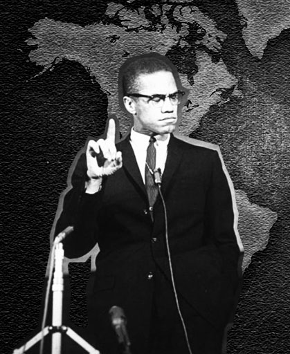 Malcom X com mapa das Américas ao fundo (Imagem: Reprodução)