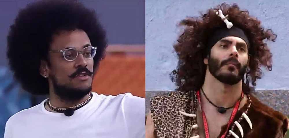 Participantes do BBB23: João e Rodolfo, caracterizado como "homem das cavernas" (Imagem: Reprodução)