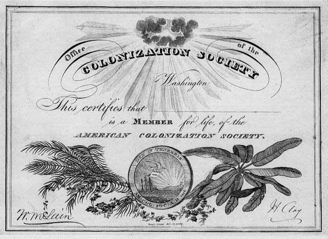 Certificado de membro da American Colonization Society, de 1840 (Imagem: Reprodução)