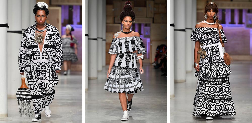 Jup do Bairro, Maria Clara de Araújo e Valentiza Luz desfilam com peças da coleção de Isaac Silva em homenagem à Xica Manicongo (Imagem: Reprodução)