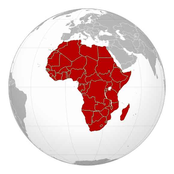 África em vermelho, centralizada no globo do planeta Terra