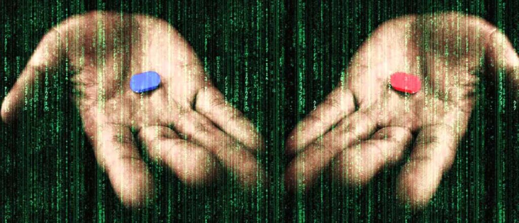 Mãos oferecendo pílula azul e vermelha com sobreposição textura característica do filme matrix