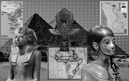 Destaque da Edição "Raízes, nossa origem africana", com Per Ankh, Hatshepsut e Ptah, com mapas e pirâmides ao fundo.