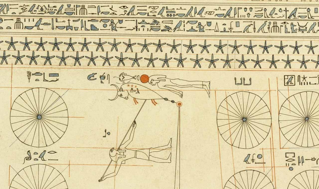 Detalhe do calendário na tumba de Senenmut; teto astronômico na tumba de Senenmut (Imagem: NebMaatRa) 