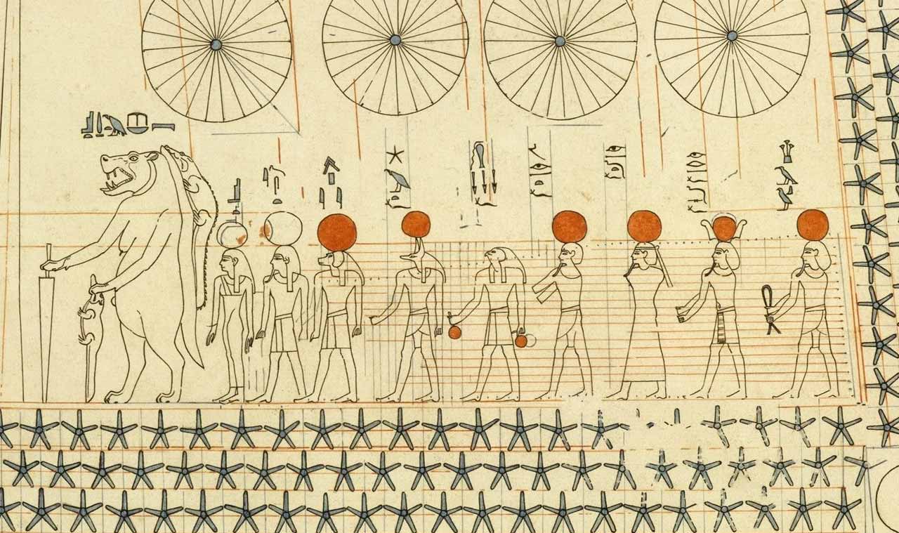 Detalhe do calendário na tumba de Senenmut; teto astronômico na tumba de Senenmut (Imagem: NebMaatRa) 