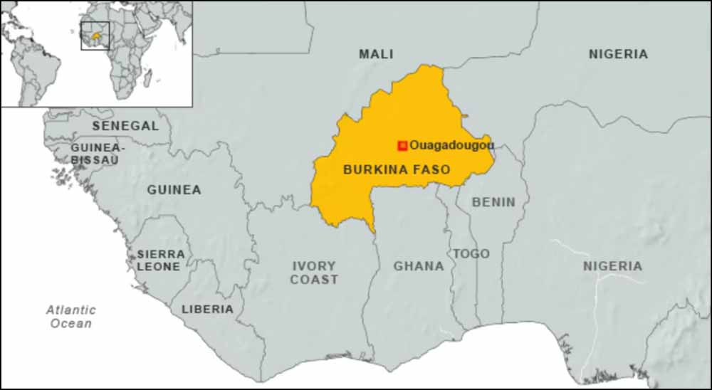 Mapa destacando a localização de Burkina Faso na África Ocidental, com a capital Ouagadougou e países vizinhos